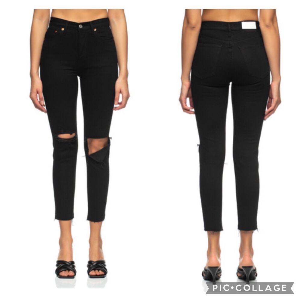 ReDone 90s High Rise Ankle Crop Black Denim Button Fly Raw Hems Size 31